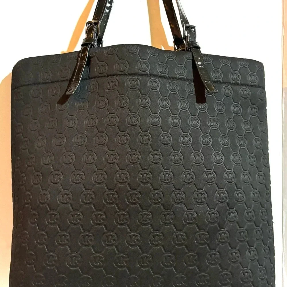 MK logo signature print monogram black quilted  neoprene handbag